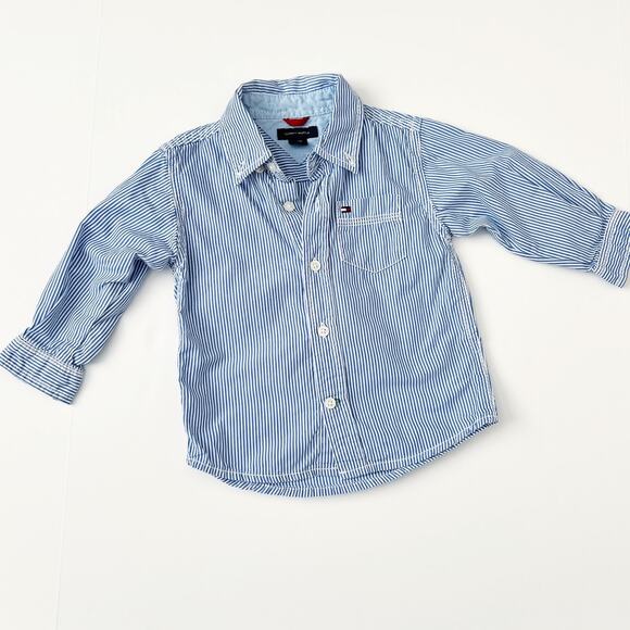 [Tommy Hilfiger] Blue White Striped Button Down Dress Shirt Cotton Size 12M Boys - Picture 1 of 5